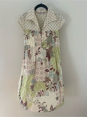 Vintage Monteau Floral Patchwork Dress in Cream, Green, Maroon